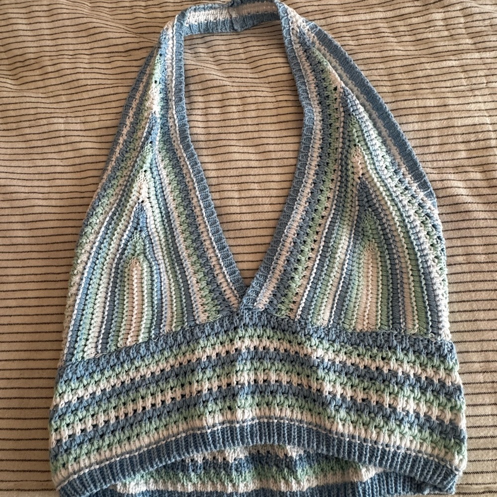 Crochet Halter Top in Blue and White